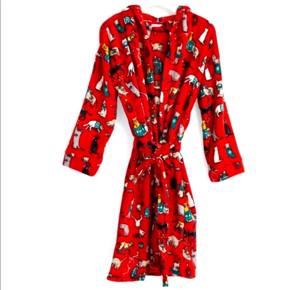 NWT $69 Vera Bradley Holiday Cats Print Plush Fleece Cozy Hooded Robe Red L/XL - Picture 2 of 9